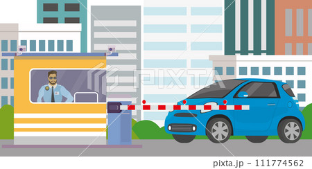 Male security guard in cabin,gate with barrier and blue car Male security guard in cabin,gate with barrier and blue car 111774562