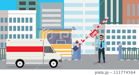 raised barrier with stop sign and delivery truck raised barrier with stop sign and delivery truck 111774564