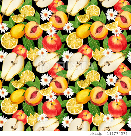 Watercolor seamless pattern. Ripe fruits: peaches, nectarines, pear halves, lemons, pieces of fruit, chamomile, leaves hand-painted in watercolors. For printing on fabric and paper, kitchens, dishes Watercolor seamless pattern. Ripe fruits: peaches, nectarines, pear halves, lemons, pieces of fruit, chamomile, leaves hand-painted in watercolors. For printing on fabric and paper, kitchens, dishes 111774575