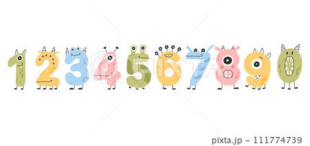 Set of funny cute monster numbers in cartoon style. Vector illustration. Drawing numbers monsters for birthday. 111774739