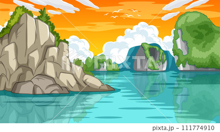 Serene Lake and Rocky Cliffs at Sunset 111774910