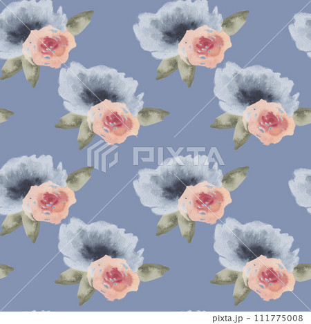 Watercolor floral seamless pattern on blue. Hand drawn abstract blue and pink flowers background for textile, packing, label, home decor design 111775008
