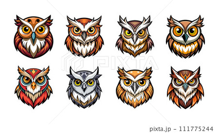Simple owl head cartoon mascot logo design set 111775244