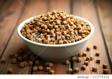 A small puppy eats food from a bowl. The puppy is smiling and lying on the floor 111775328
