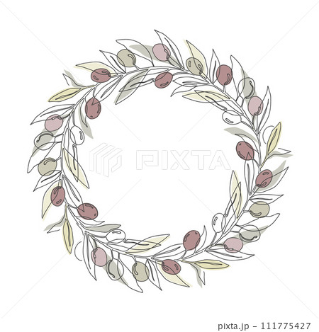 Round wreath frame with olive branches and fruits, continuous line drawing. Hand drawn floral template, vector isolated illustration 111775427