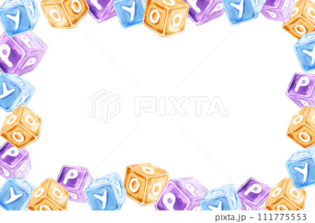 watercolor horizontal frame of child theme with lilac, blue and purple wooden toys cubes with letters, hand drawn kid's illustration on white background watercolor horizontal frame of child theme with lilac, blue and purple wooden toys cubes with letters, hand drawn kid's illustration on white background 111775553