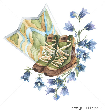 Forest leaves, bluebell,hiking boots, map illustration. Artistic vintage watercolor back pack for woodland card, natural design. Isolated on white background Forest leaves, bluebell,hiking boots, map illustration. Artistic vintage watercolor back pack for woodland card, natural design. Isolated on white background 111775566