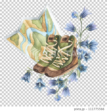 Forest leaves, bluebell,hiking boots, map illustration. Artistic vintage watercolor back pack for woodland card, natural design. Isolated on white background Forest leaves, bluebell,hiking boots, map illustration. Artistic vintage watercolor back pack for woodland card, natural design. Isolated on white background 111775566