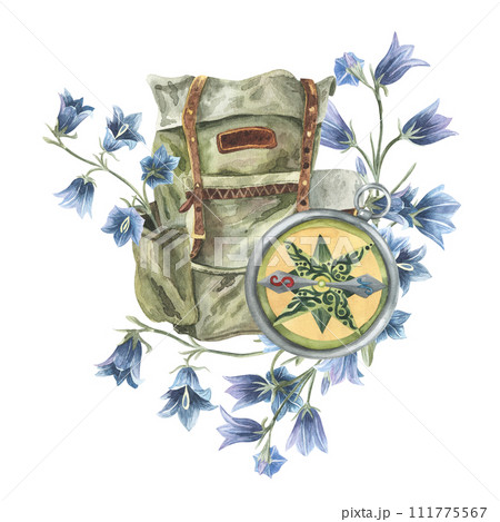 Forest leaves, bluebell,compass, backpack illustration. Artistic vintage watercolor back pack for woodland card, natural design. Isolated on white background 111775567