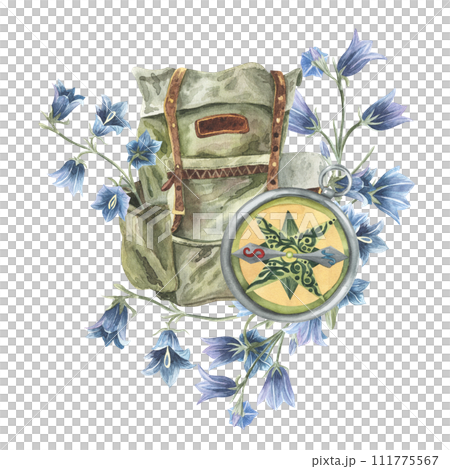 Forest leaves, bluebell,compass, backpack illustration. Artistic vintage watercolor back pack for woodland card, natural design. Isolated on white background 111775567