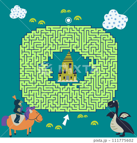 Maze labyrinth game Fairy Tale vector illustration. Square format puzzle for kids Maze labyrinth game Fairy Tale vector illustration. Square format puzzle for kids 111775602