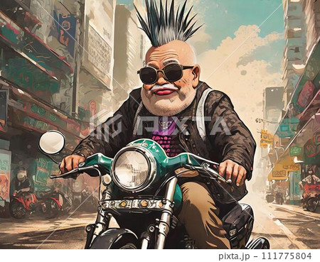 ダウンタウンをバイクで走るモヒカンの老人 111775804
