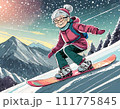 雪の中を滑るスノーボードウェアの高齢女性 111775845