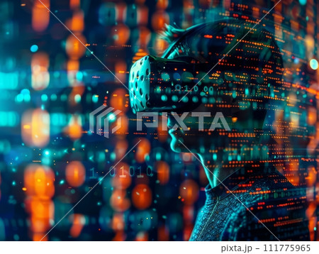 AI-generated content. Man wearing Virtual Reality Helmet. VR gaming, cyberspace, cybersecurity, global information concept. Futuristic Cyber Reality with human 111775965