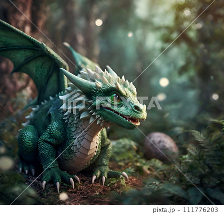 cute adorable smiling natural dragon baby with wings and horns seating in forest. AI generated cute adorable smiling natural dragon baby with wings and horns seating in forest. AI generated 111776203