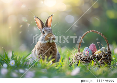 AI-generated content. Easter concept - Easter bunny sitting on the grass next to basket with easter eggs 111776555