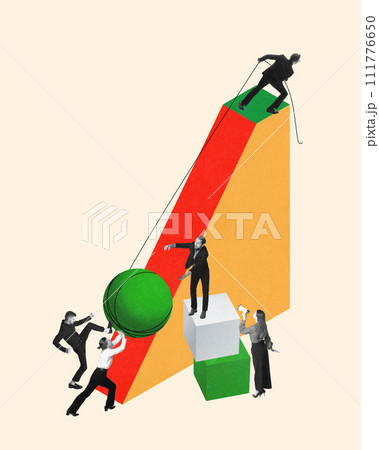 Assistance and cooperation. Group of employees, colleagues helping to lift giant ball on top, working on success. Contemporary art collage. Assistance and cooperation. Group of employees, colleagues helping to lift giant ball on top, working on success. Contemporary art collage. 111776650