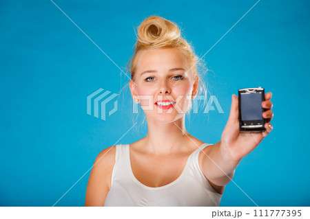 Pin up retro gril with phone. Pin up retro gril with phone. 111777395