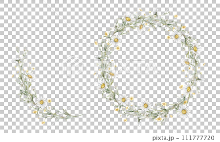 Wreath of yellow and white flower meadow, forest flowers.Watercolor hand painting illustration on isolate. Circlet of flowers with daisy or chamomile. Botanical summer wildflower Wreath of yellow and white flower meadow, forest flowers.Watercolor hand painting illustration on isolate. Circlet of flowers with daisy or chamomile. Botanical summer wildflower 111777720