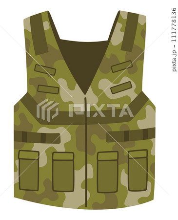 Military clothes, equipment for soldier. Woodland camouflage style, isolated icon. Isolated waistcoat. Flat cartoon, vector illustration 111778136