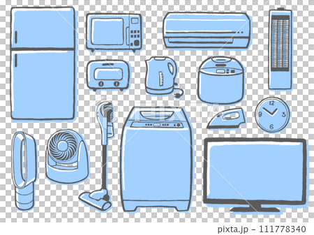 シンプルでかわいい家電のイラストセット ブルー 青色 シンプルでかわいい家電のイラストセット ブルー 青色 111778340