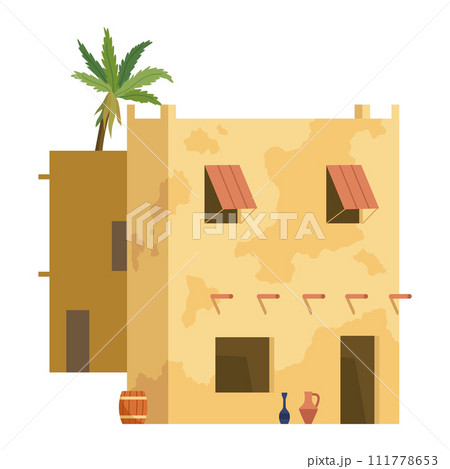 Middle east. Arabic desert with traditional mud brick houses. Ancient building. Flat vector illustration Middle east. Arabic desert with traditional mud brick houses. Ancient building. Flat vector illustration 111778653