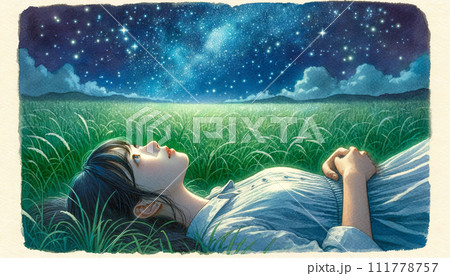 仰向けで星空を眺める女の子 仰向けで星空を眺める女の子 111778757