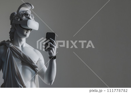 Antique marble sculpture with VR headset. Statue wearing virtual reality goggles, holding smartphone. Metaverse world exploring with VR glasses, VR games concept, futurism, modern technology and art. 111778782
