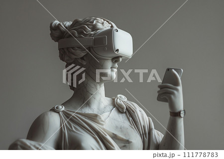 Antique marble sculpture with VR headset. Statue wearing virtual reality goggles, holding smartphone. Metaverse world exploring with VR glasses, VR games concept, futurism, modern technology and art. 111778783
