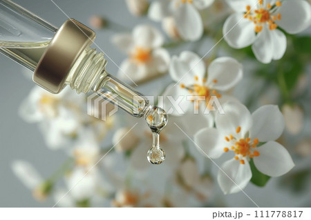 Natural jasmine essential oil in a dropper bottle, jasmine flowers on background. Selective focus. Spa, relaxation, medicine and eco cosmetic concept. Organic skincare and perfume products. 111778817