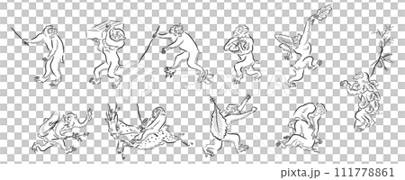 鳥獣戯画　サル　モノクロ 111778861