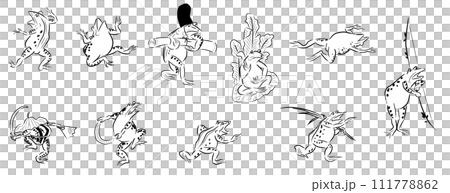 鳥獣戯画　蛙　モノクロ 111778862