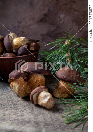 Imleria Badia or Boletus badius mushrooms commonly known as the bay bolete and clay bowl with mushrooms on vintage wooden background.. Imleria Badia or Boletus badius mushrooms commonly known as the bay bolete and clay bowl with mushrooms on vintage wooden background.. 111778876