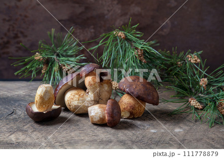 A lot of Imleria Badia or Boletus badius mushrooms commonly known as the bay bolete on vintage wooden background.. A lot of Imleria Badia or Boletus badius mushrooms commonly known as the bay bolete on vintage wooden background.. 111778879