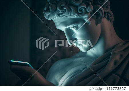 Ancient Greek god sculpture holding a smartphone in the dark. Statue of a hero scrolling social media. Doomscrolling, mental health, digital wellness, time loss concept. Bad habits, news. Ancient Greek god sculpture holding a smartphone in the dark. Statue of a hero scrolling social media. Doomscrolling, mental health, digital wellness, time loss concept. Bad habits, news. 111778897