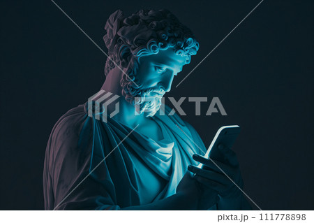 Ancient Greek god sculpture holding a smartphone in the dark. Statue of a hero scrolling social media. Doomscrolling, mental health, digital wellness, time loss concept. Bad habits, news. Ancient Greek god sculpture holding a smartphone in the dark. Statue of a hero scrolling social media. Doomscrolling, mental health, digital wellness, time loss concept. Bad habits, news. 111778898