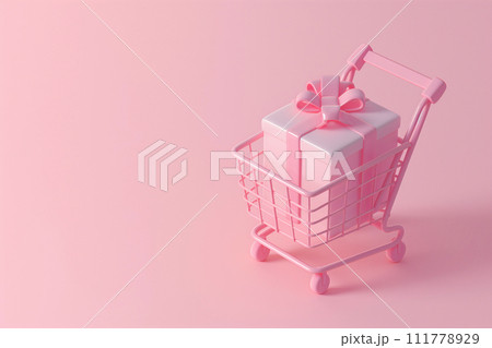 Shopping cart with gift box. Shopping basket with gift on pastel background. Sale, Black Friday concept, shopping season, purchase, discounts, shopaholic. Market trolley. Promotion, marketing 111778929