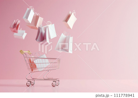 Shopping cart with flying bags. Sale, Black Friday concept, shopping season, purchase, discounts. Shopping cart full of different shopping bags on pink background. Promotion, marketing Shopping cart with flying bags. Sale, Black Friday concept, shopping season, purchase, discounts. Shopping cart full of different shopping bags on pink background. Promotion, marketing 111778941