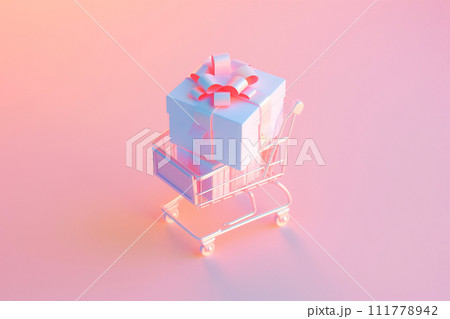 Shopping cart with gift boxes. Shopping basket full of gifts on pastel background. Sale, Black Friday concept, shopping season, purchase, discounts, shopaholic. Promotion, marketing, copy space 111778942