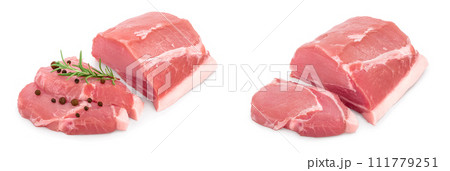 Raw pork meat with rosemary and peppercorn isolated on white background Raw pork meat with rosemary and peppercorn isolated on white background 111779251