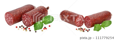 Smoked sausage salami isolated on white background with full depth of field Smoked sausage salami isolated on white background with full depth of field 111779254