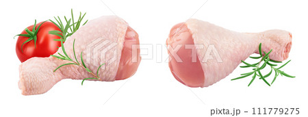 Raw chicken leg or drumstick isolated on white background with full depth of field Raw chicken leg or drumstick isolated on white background with full depth of field 111779275
