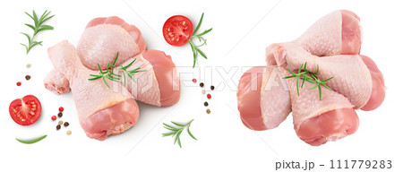 Raw chicken leg or drumstick isolated on white background with full depth of field. Top view. Flat lay 111779283