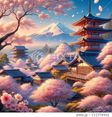 富士山を背景に映える五重塔と桜 111779302