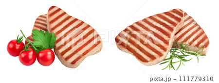Tuna fish steak grilled isolated on white background with full depth of field Tuna fish steak grilled isolated on white background with full depth of field 111779310
