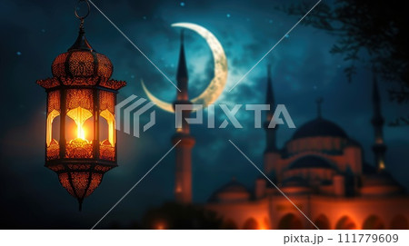 Ramadan Lantern and Crescent Moon 111779609