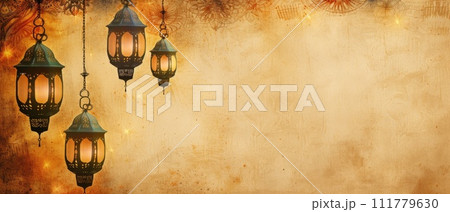 Islamic Lantern Garland and Crescent Moon Islamic Lantern Garland and Crescent Moon 111779630