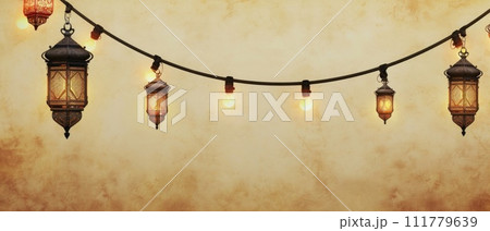 Islamic Lantern Garland and Crescent Moon 111779639