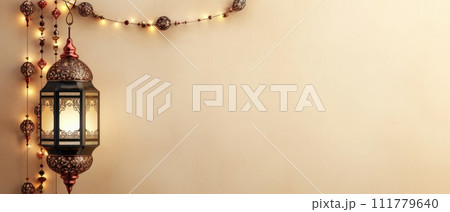 Islamic Lantern Garland and Crescent Moon Islamic Lantern Garland and Crescent Moon 111779640