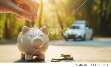 Piggy bank money box on a car background, Piggy bank money box on a car background, 111779803